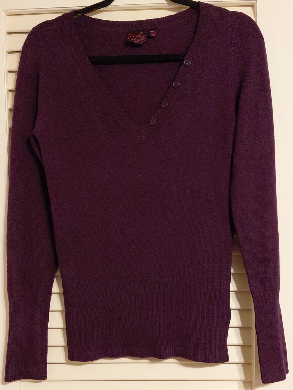 Y2K Take Out Size Large Bright Purple V-Neck Long Sleeve Sweater